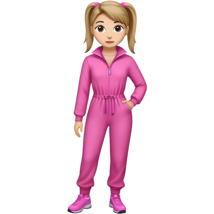 Woman dark blond hair ponytail pink  full body jumpsuit  emoji