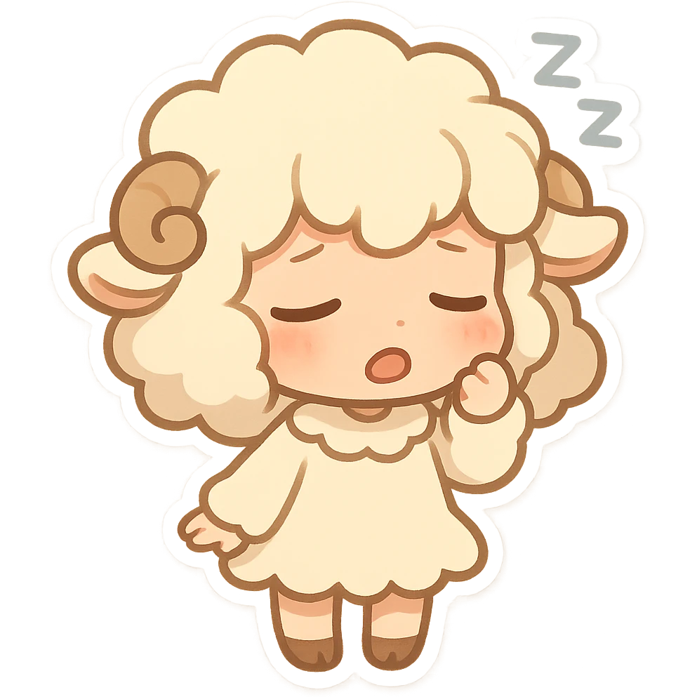 chibi stickers style sheep girl with fluffy hair and a sleepy expression emoji