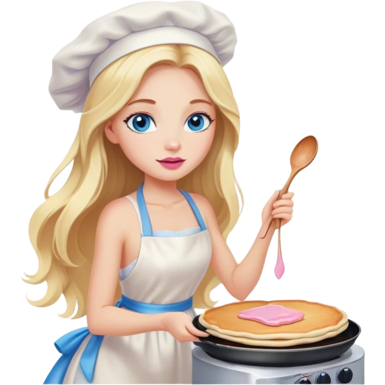 Cinematic realistic beautiful blonde with long hair, blue eyes and pink lips in a white dress cooks pancakes emoji