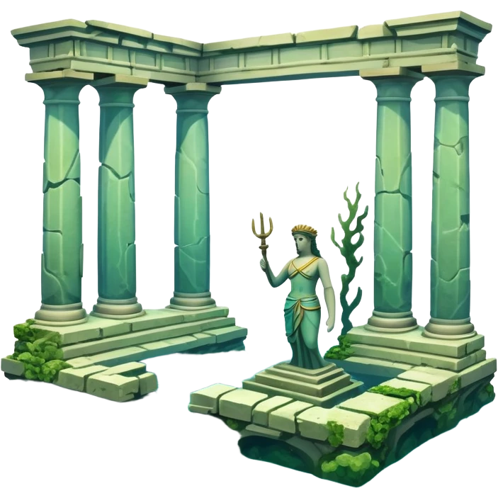 Simple Atlantis underwater ruins with a large sunken statue, fallen columns, broken , ancient Greek-style statue partially broken, coral and water emoji