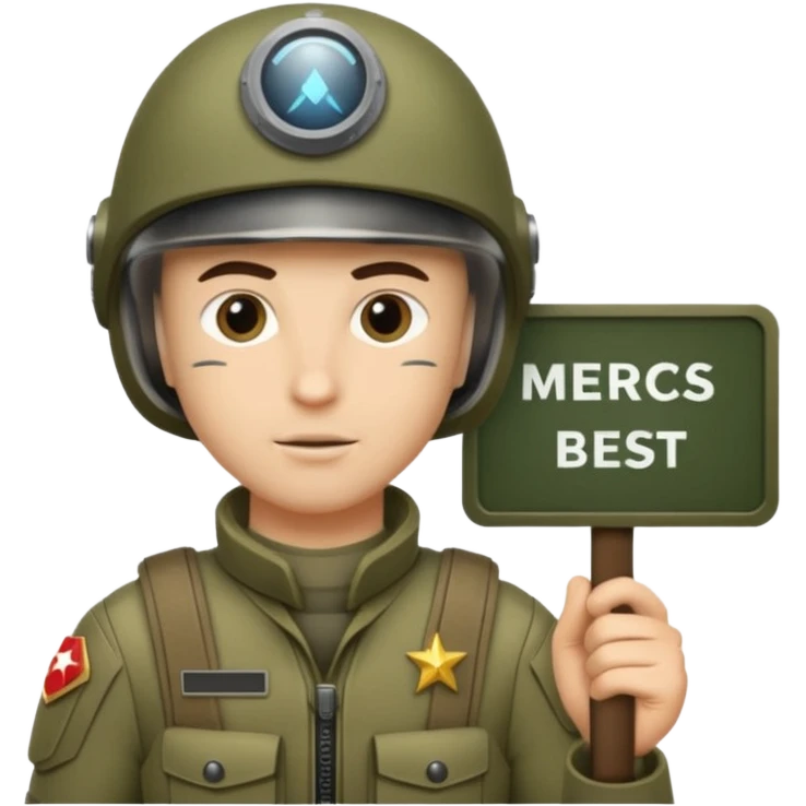 a scifi animated soldier holding a sign  text saying mercs we are the best in gif emoji