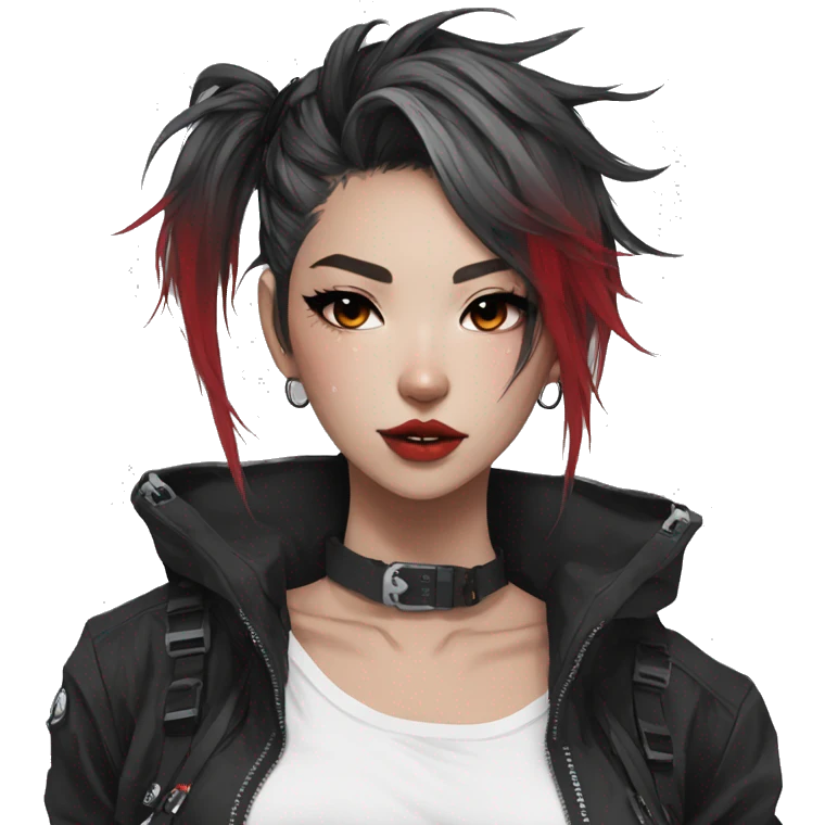Gorgeous techwear anime style lady with blushing face aesthetic and pretty edgy black red white punk messy hair with collar and harness trending style emoji