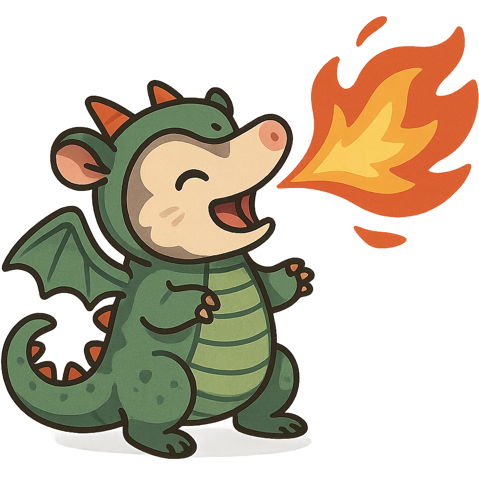 cute cartoon possum breathing fire, dressed as a dragon with wings, distinct artistic style emoji