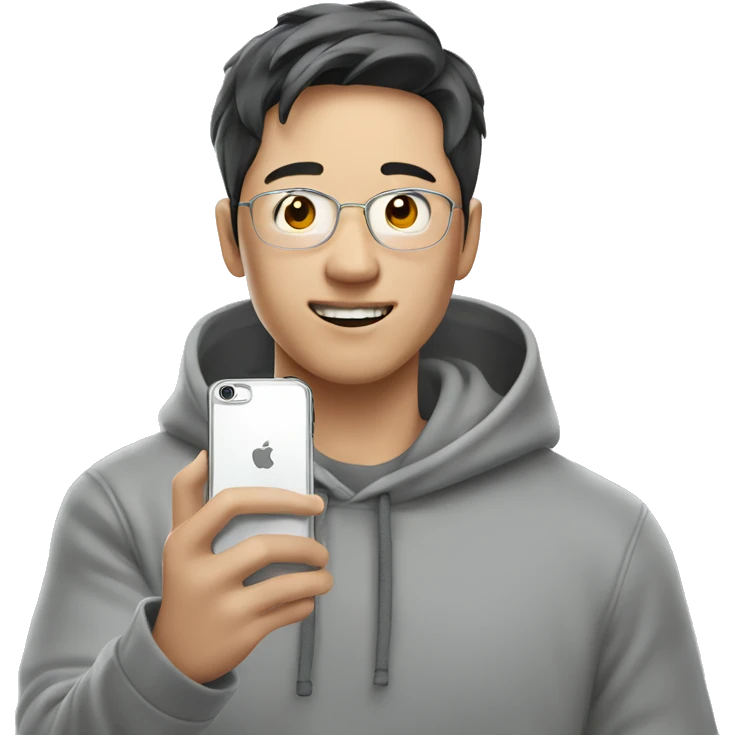 korean man in grey hoodie taking selfie with iphone emoji