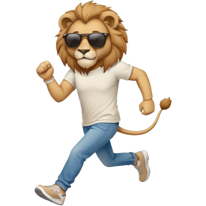 friendly anthropomorphised lion in jeans and a t-shirt, wearing dark sunglasses, jogging upright in relaxed pose emoji