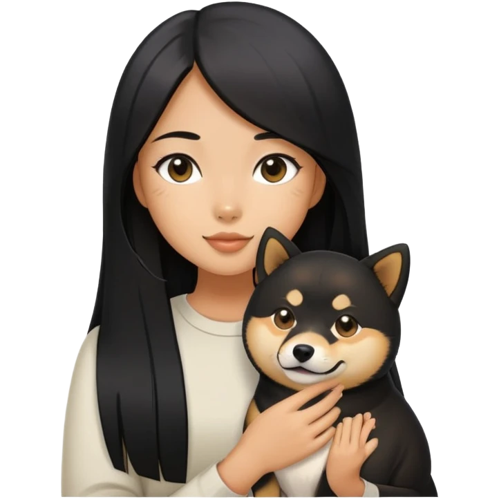 A girl with long black straight hair holding a black Shiba Inu emoji
