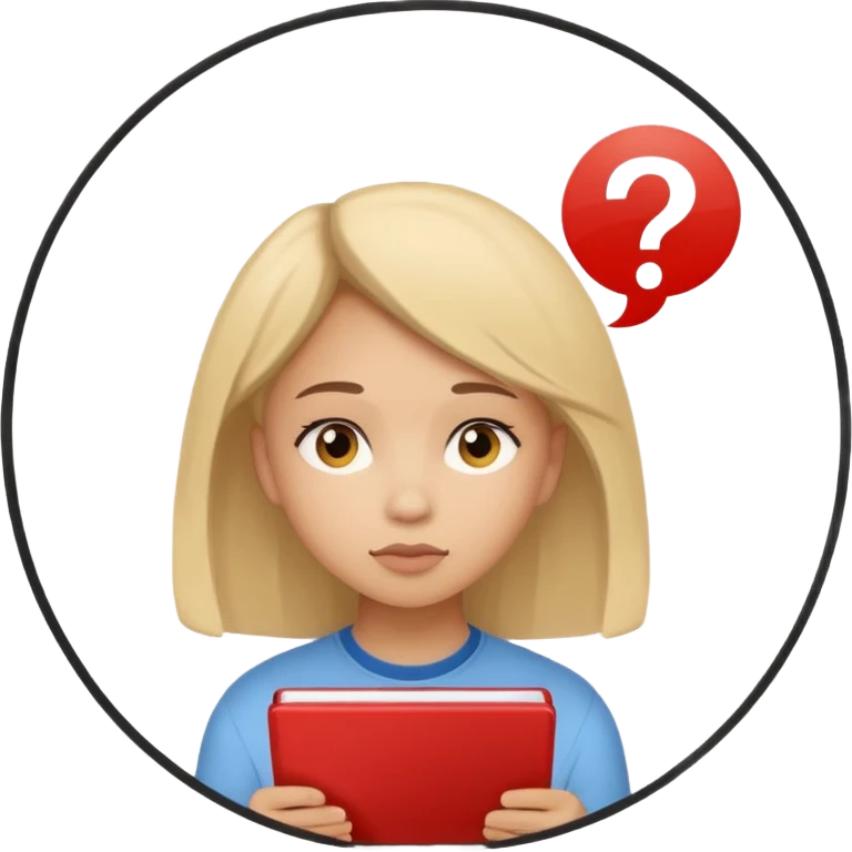 студентка учится и задумывается получится ли у нее, а наверху над головой пустый круг с вопросом на белом фоне emoji