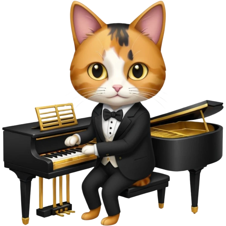 calico cat play gold piano, wear black suit, portrait emoji