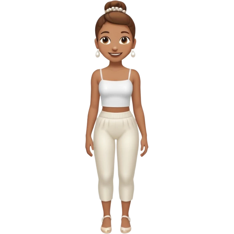 Full body, Light brown skin girl, brown hair in bun, smiling, white tube top, pearl earrings emoji