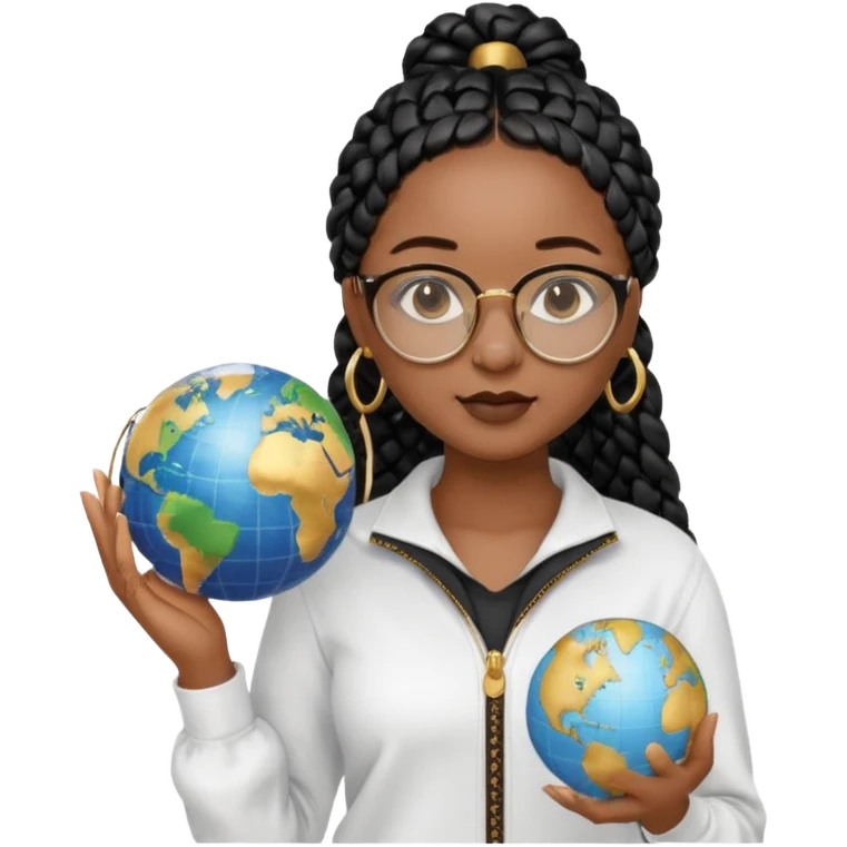 a young woman wearing fine gold round glasses and black hair in several box braids, no earrings, she has light black skin, and she's wearing a white shirt with a black quarterzip. She's holding a globe in one hand emoji