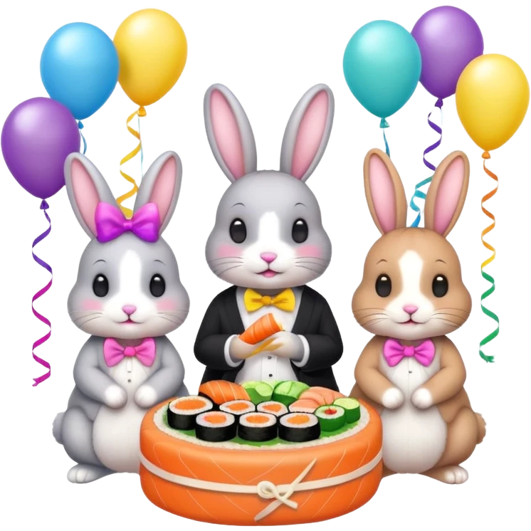 four cute bunny rabbits eating sushi at a birthday party, vibrant colors, balloons, streamers, emoji style emoji