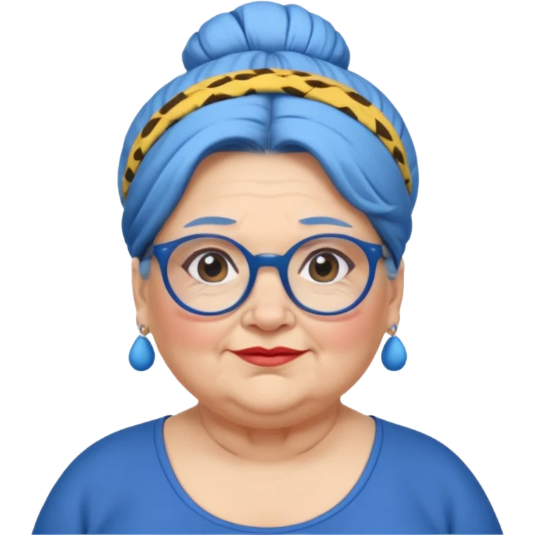 fat old woman with blue big bun hair and glassess and headband, no earrings emoji
