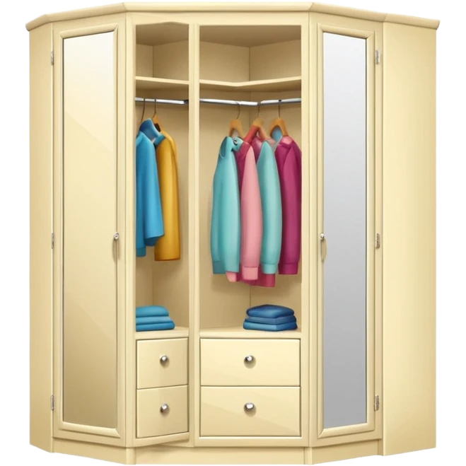 Glossy cream PVC corner closet with L-shaped design, fitted into emoji