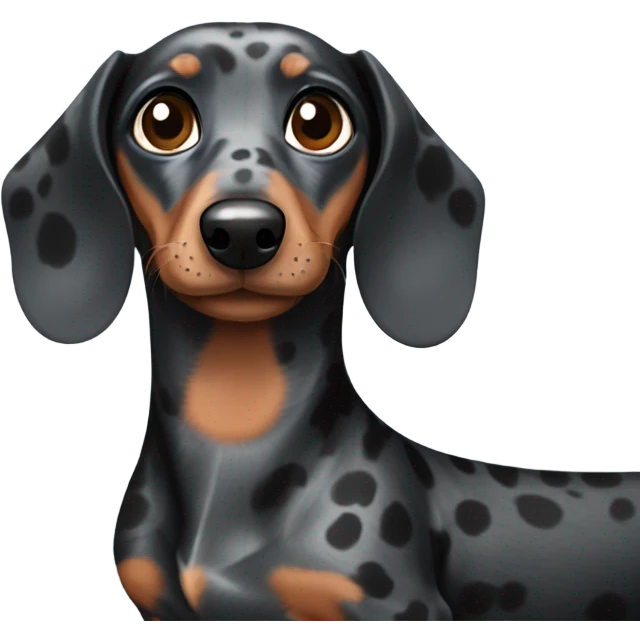 A black and grey spotted dachshund with two different eye colors, blue and brown  emoji