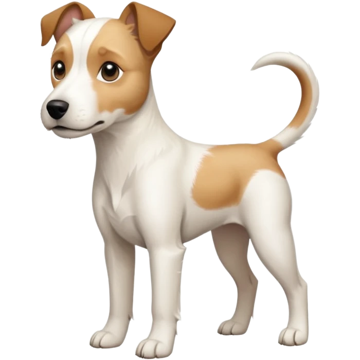 a full body buff white parson russell terrier looking dog the size of a kelpie with light brown long ears and a light brown patch on one eye and a large snout. the rest of the dog is completely white. forward facing emoji