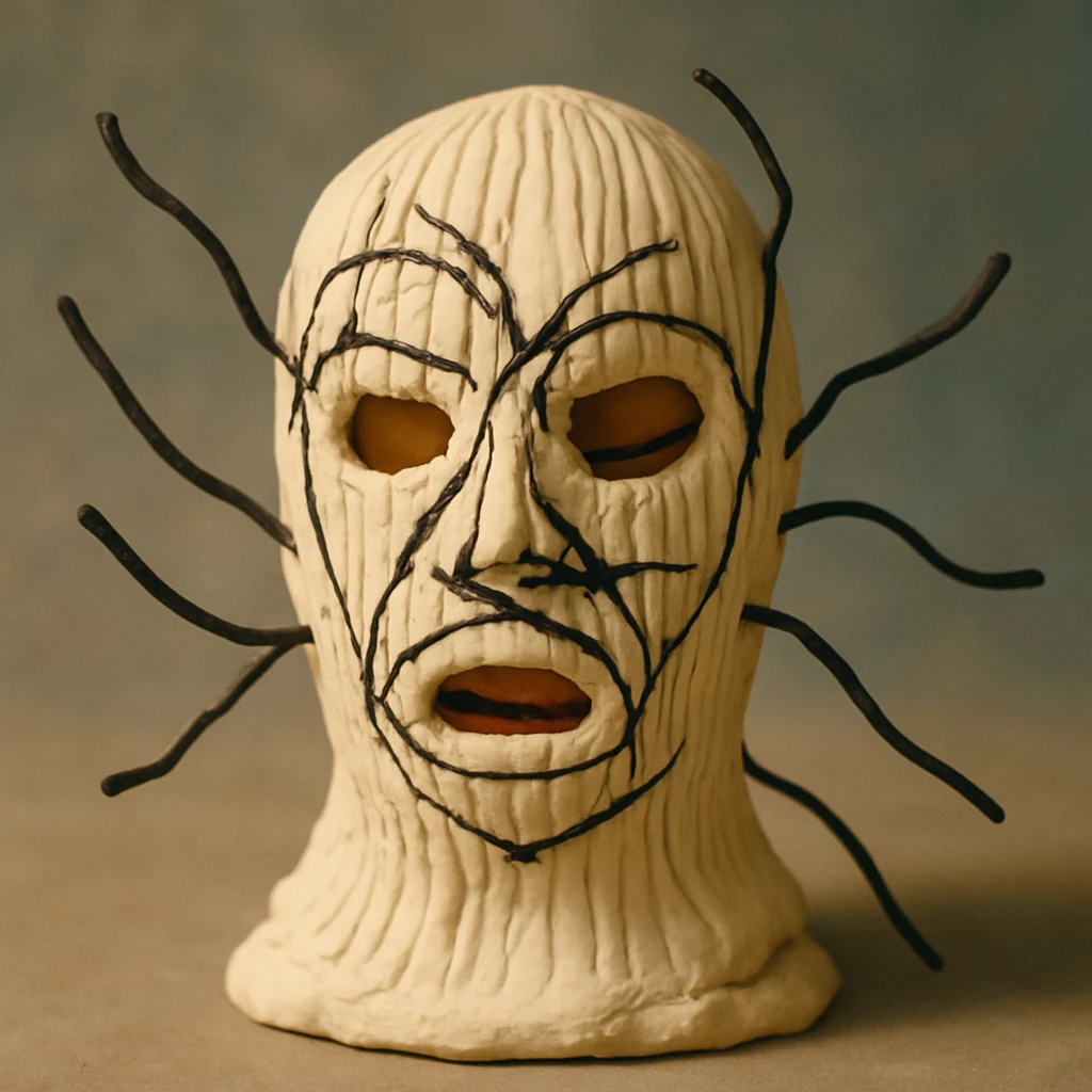 The mask is a full-head, white knitted balaclava with a tight ribbed texture. It features two asymmetrical eye openings and a partially exposed mouth area. Black thread is stitched across the surface in chaotic, abstract lines that trace facial features, giving a hand-drawn effect. Several black cords extend outward from the mask, varying in length and direction, adding a sculptural, almost organic appearance. The overall look is bold, handcrafted, and visually striking. emoji