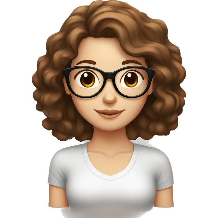 White girl with wavy brown hair, brown eyes and black glasses doing yoga emoji