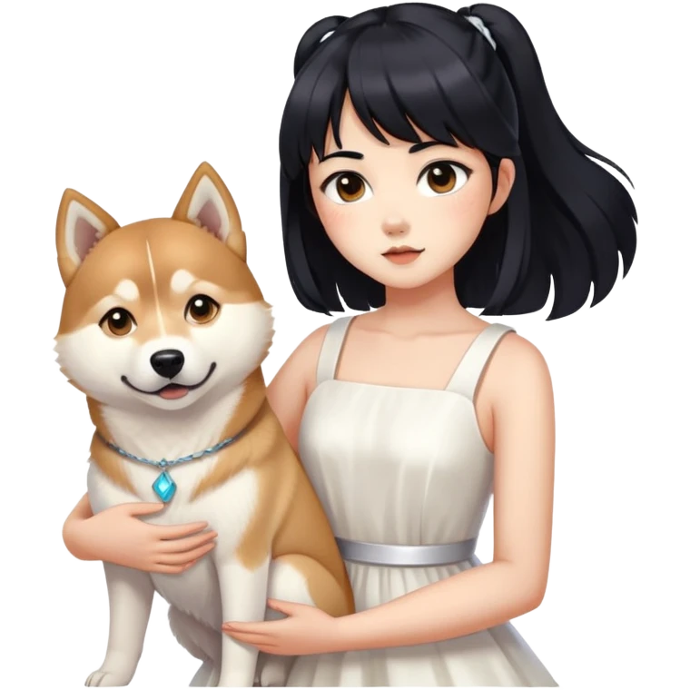 A girl with long black hair, with a few bangs curled to the sides, wearing a white dress and holding a husky and a shiba inu emoji