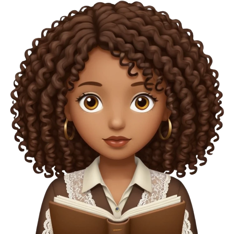 dark brown girl with curly hair writing in girly lace notebook emoji