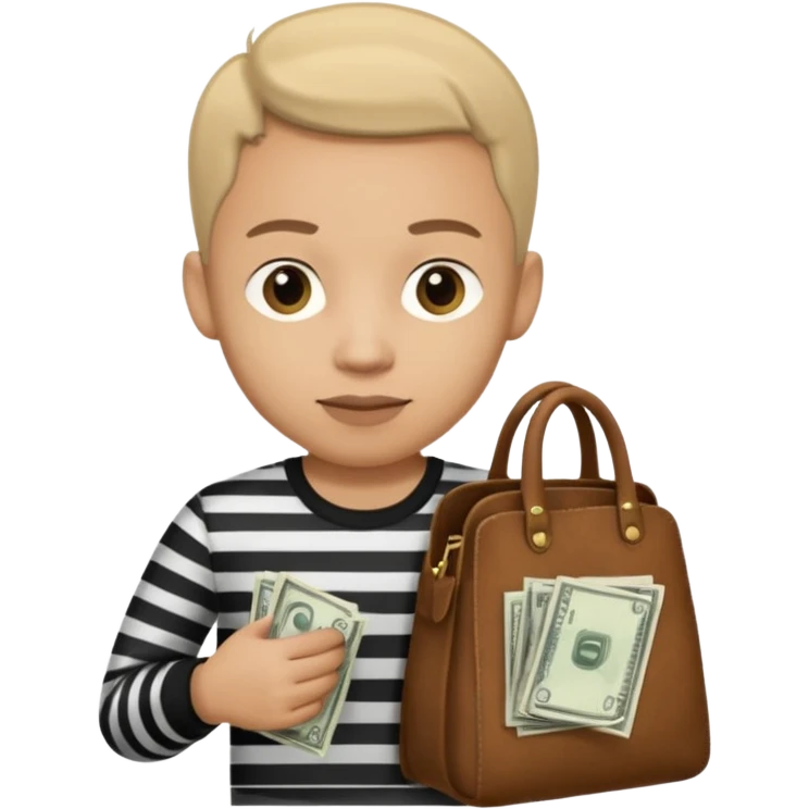 Un ladrón con camisa de rayas blancas y negras mirando hacia la frente con una bolsa de dinero  emoji