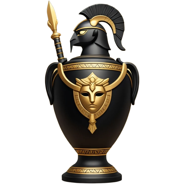 Cinematic-realistic Grecian urn, an exquisite black-figure pottery masterpiece resting in the dim glow of an ancient temple. Intricate golden depiction of a warrior holding a spear, telling timeless myths of heroism and tragedy.  emoji