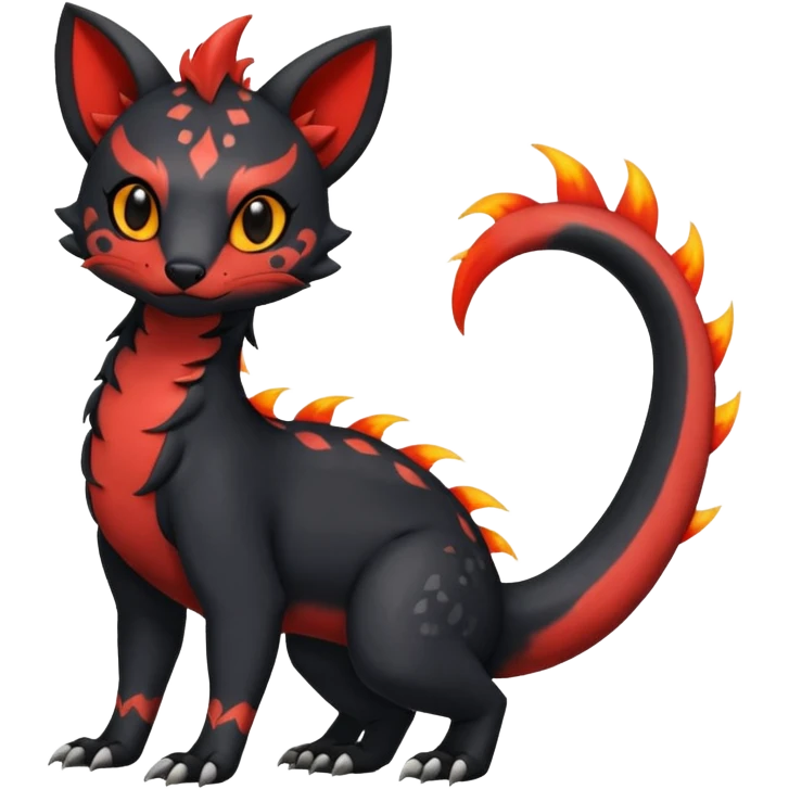 Rare realistic cute gothic Salandit-Litten-Quilava-Civet-species-Fakemon-hybrid-creature, with fiery markings, full body emoji