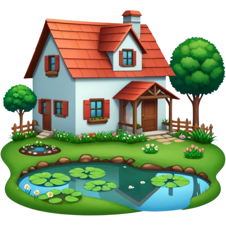 farm house with pond, garden,  emoji