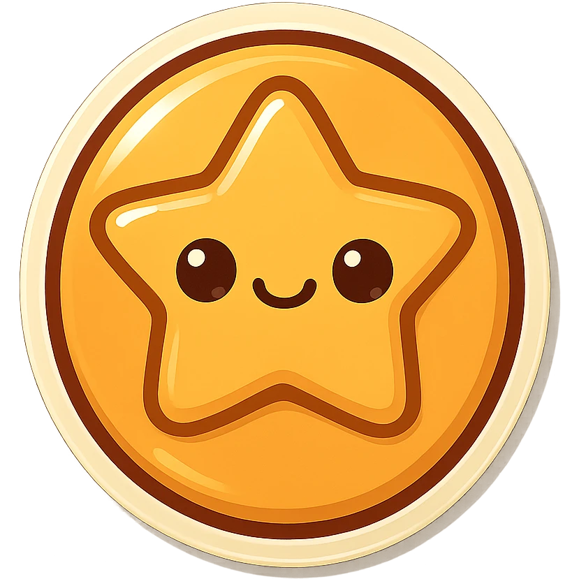 Convert the image to a playful, kawaii dalgona candy in sticker style with a white border, shaped like a star. The style should be sticker-like, playful, and kawaii. emoji
