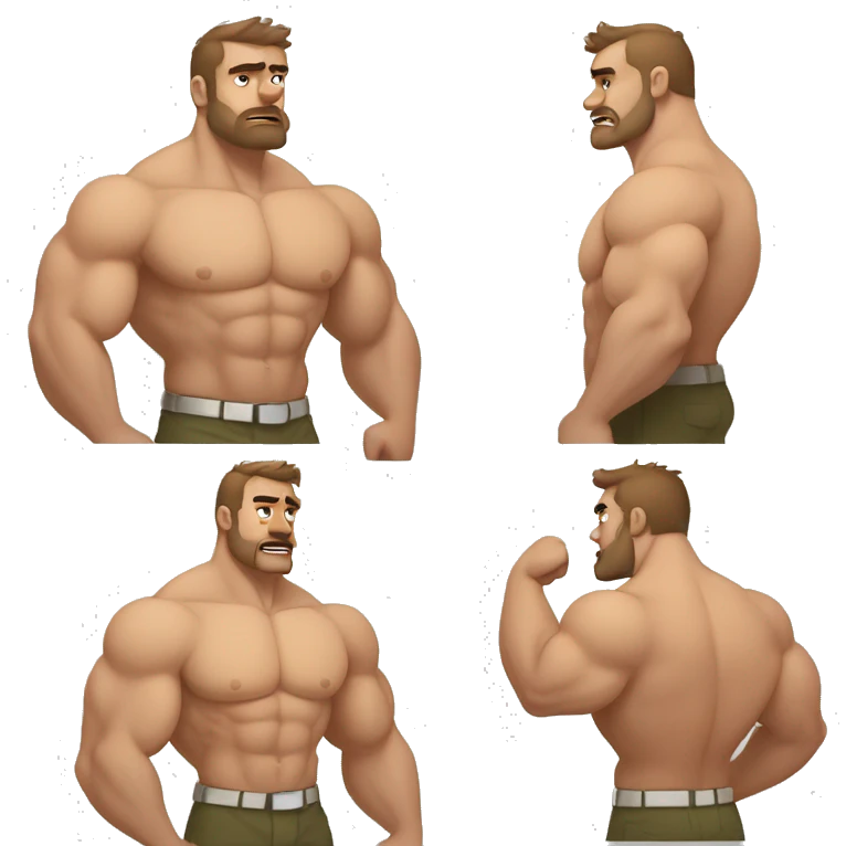 White skin, Shirtless, brown hairy chest bear, Bodybuilder, biceps, military haircut emoji