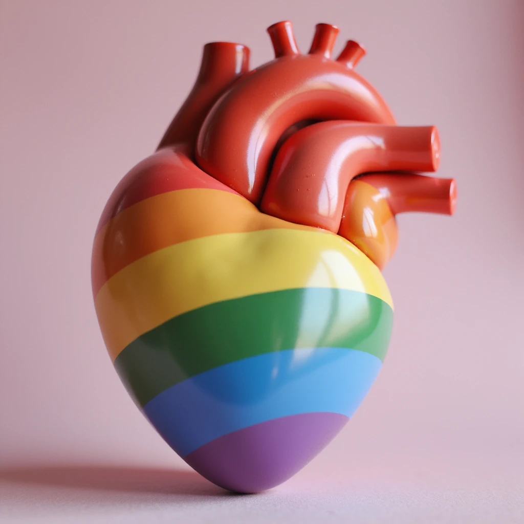 a 3D realistic heart with a smooth surface and rainbow pride colors, photorealistic style emoji