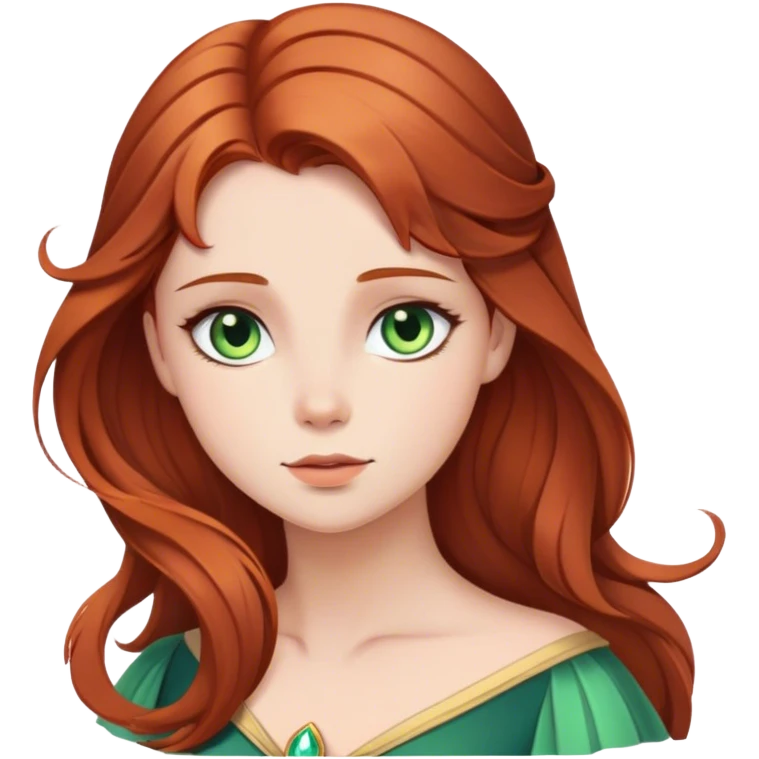 Cinematic Serene Sleeping Beauty Portrait Emoji, rendered in a simplified vector style. Depict a gentle Aurora (chest and above) with fair, glowing skin and softly cascading auburn hair, her expression calm and reflective, dressed in her timeless attire. The image exudes a soft, warm radiance with high shine and a subtle glowing outline. emoji