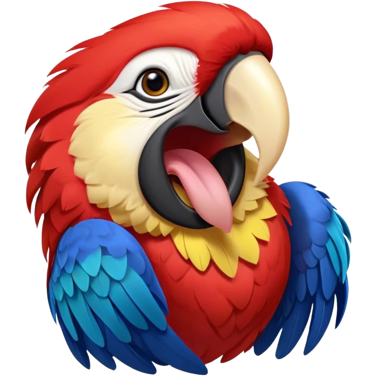 Cinematic Realistic Cute Yawning Macaw Portrait Emoji, Head tilted slightly with a dramatic, wide-open yawn, showcasing a soft, downy arrangement of vivid scarlet and blue feathers with gently drooping features and half-closed, drowsy eyes, rendered with lifelike feather detail and natural lighting, high shine, relaxed yet expressive, styled with a dash of tropical whimsy, soft glowing outline, capturing the essence of a sleepy yet affectionate macaw that appears ready to rest its wings in a quiet, enchanted moment! emoji