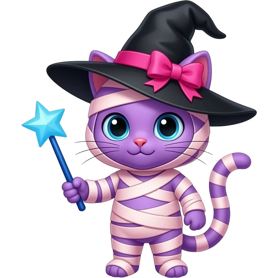 purple cat anthro with black witch hat pink ribbon  pink mummy costume holding a blue wand emoji