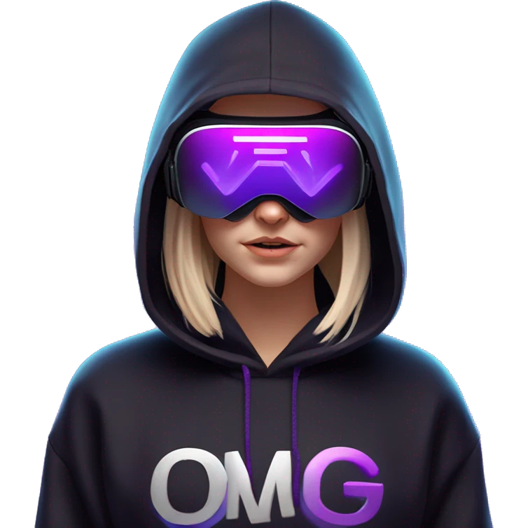 Russian girl wearing black hoody with violet letters "OMG", in vr headset oculus quest2. Standing like jedi. Cyberpunk style. Violet neon. emoji