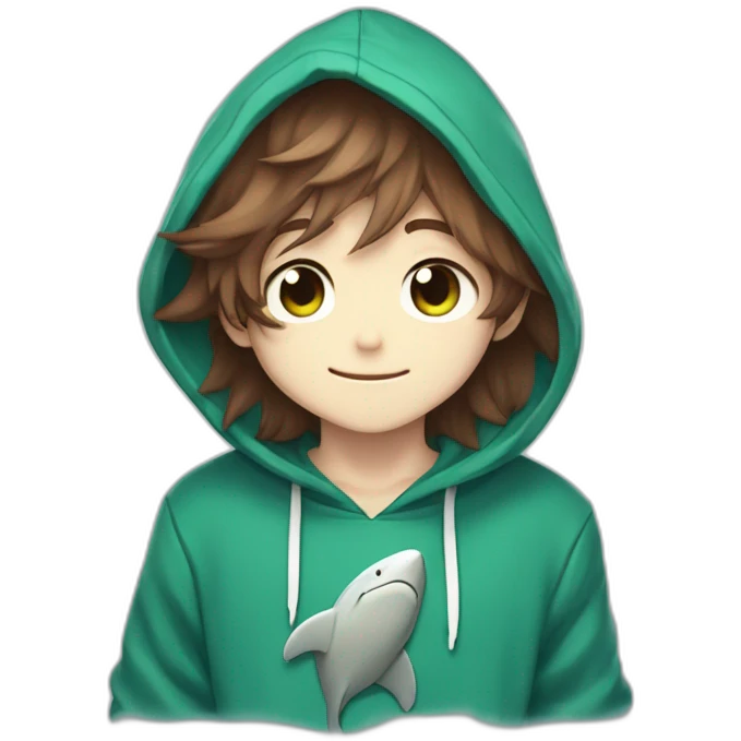 Cute anime boy with long fluffy brown hair and brown fluffy ears wearing a blue shark hoodie with emerald green eyes waving hi emoji