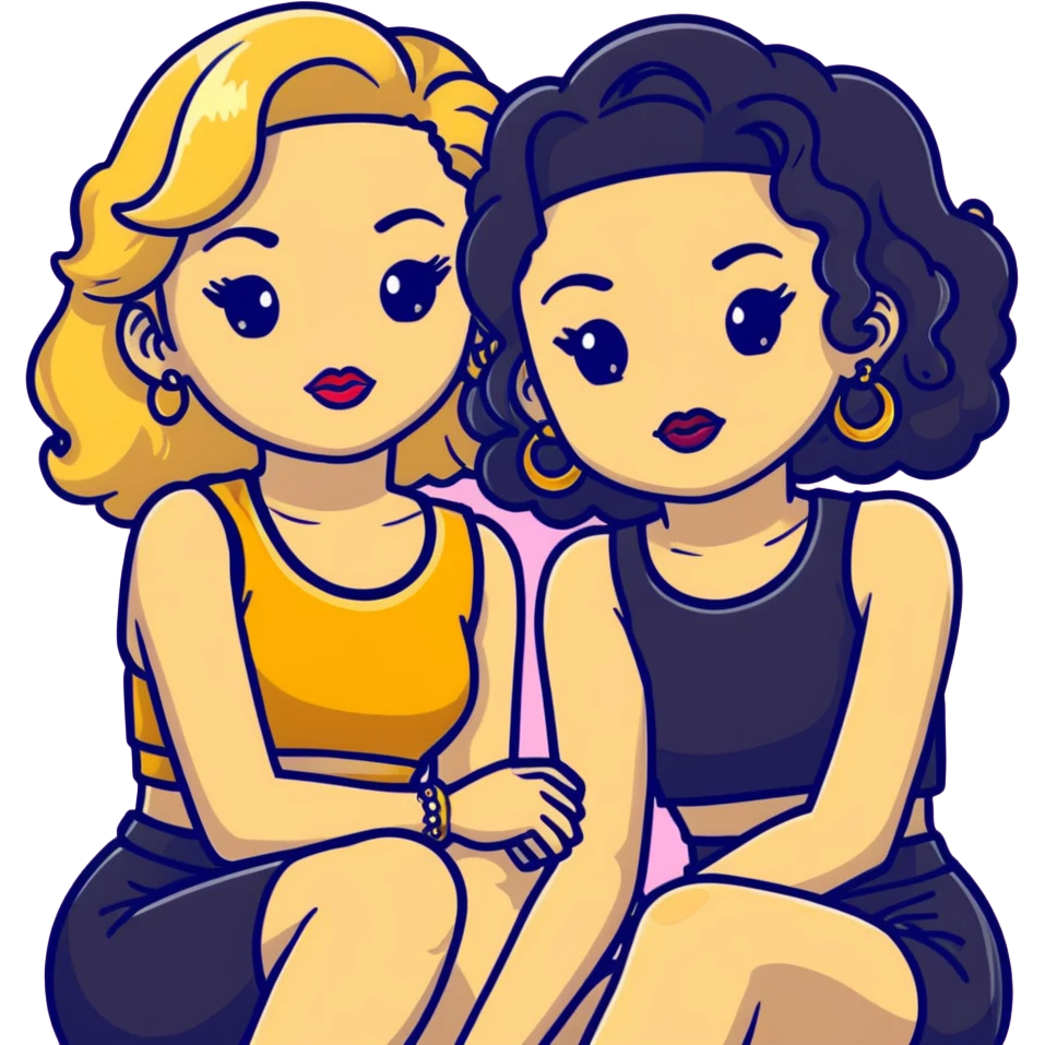 Full body of two teenage girls sitting together, one white with straight blonde hair and one brown-skinned with curly black hair, both with heavy makeup, big lips, crop tops, gold jewelry and flashy choni style outfits emoji