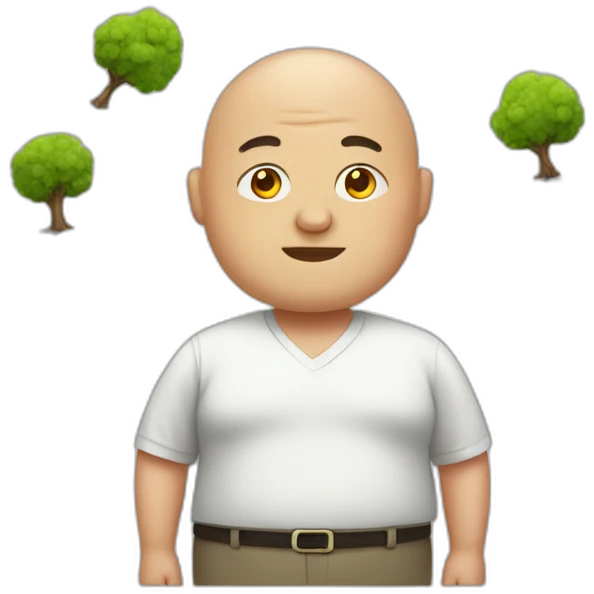 fat bald man wearing shirt with a tree emoji