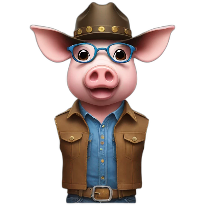 A pig with a cow boy's hat, with blue glasses and with a youtube in his chest emoji