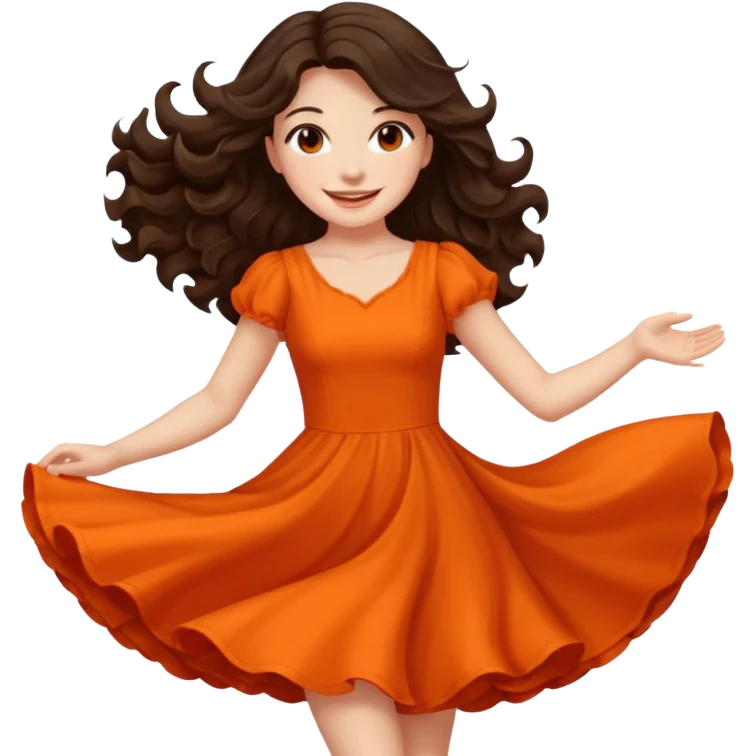 Long dark wavy hair women in orange standing twirling around emoji