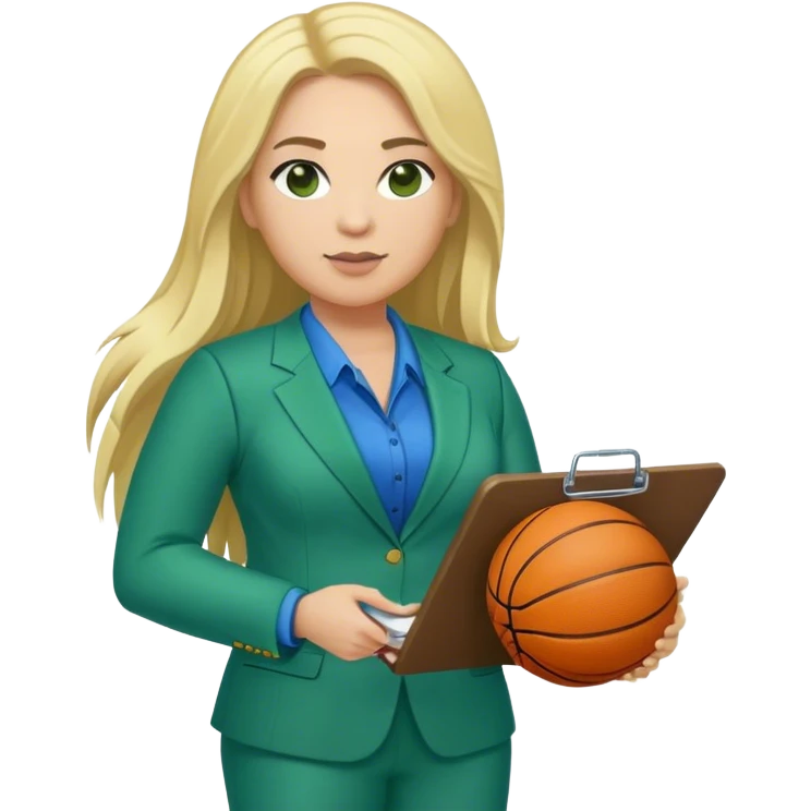 Full Body white plus size female basketball head coach using a clipboard with long blonde hair in a blue and green suit emoji