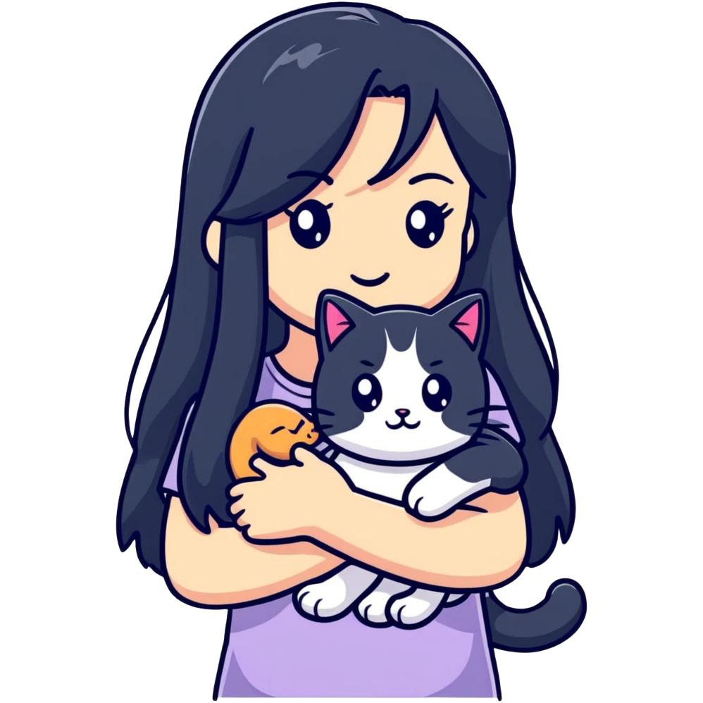 girl with long black hair holding a ginger cat emoji