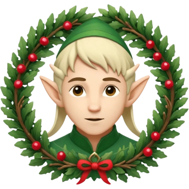 Fantasy elf portrait emoji, winter forest wreath made of pine branches and berries, elven ears visible, calm elegant expression, clean simple design, soft winter colors, flat emoji style, high readability, male variant
 emoji