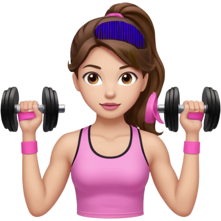 girl with wavy long ponytail brown hair, brown eyes, light to medium complexion, long lashes, light pink lipstick, wearing light pink shirt, lifting pink weights in a sports top emoji