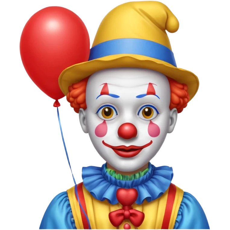 A clown who has a yellow hat, yellow clothes, blue neck ruffle, and a red balloon as his lips; emoji
