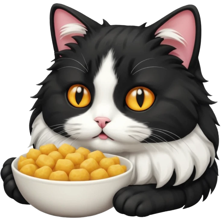 Fluffy black and white cat eating a lot emoji