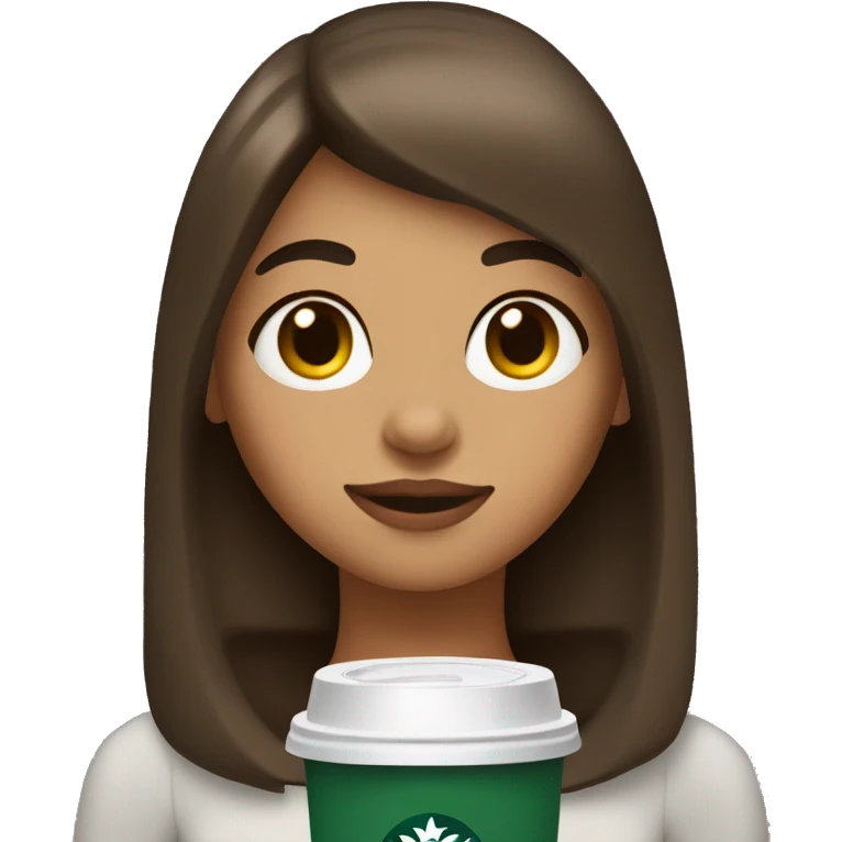 girl with a tan,straight brown hair with curtain bangs, with a mole on the left side of her face holding a starbucks christmas cup emoji