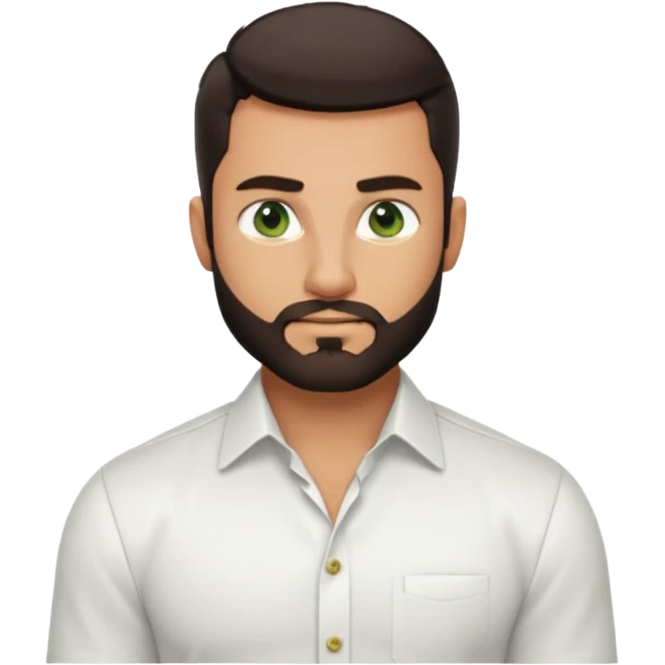 Man with a short full beard, Styled hair, Best looking man in the planet, onepiece style dark hair, green eyes, more realistic style more maskulin. Wearing a white formal shirt, first buttons open macho style, muscular

 emoji