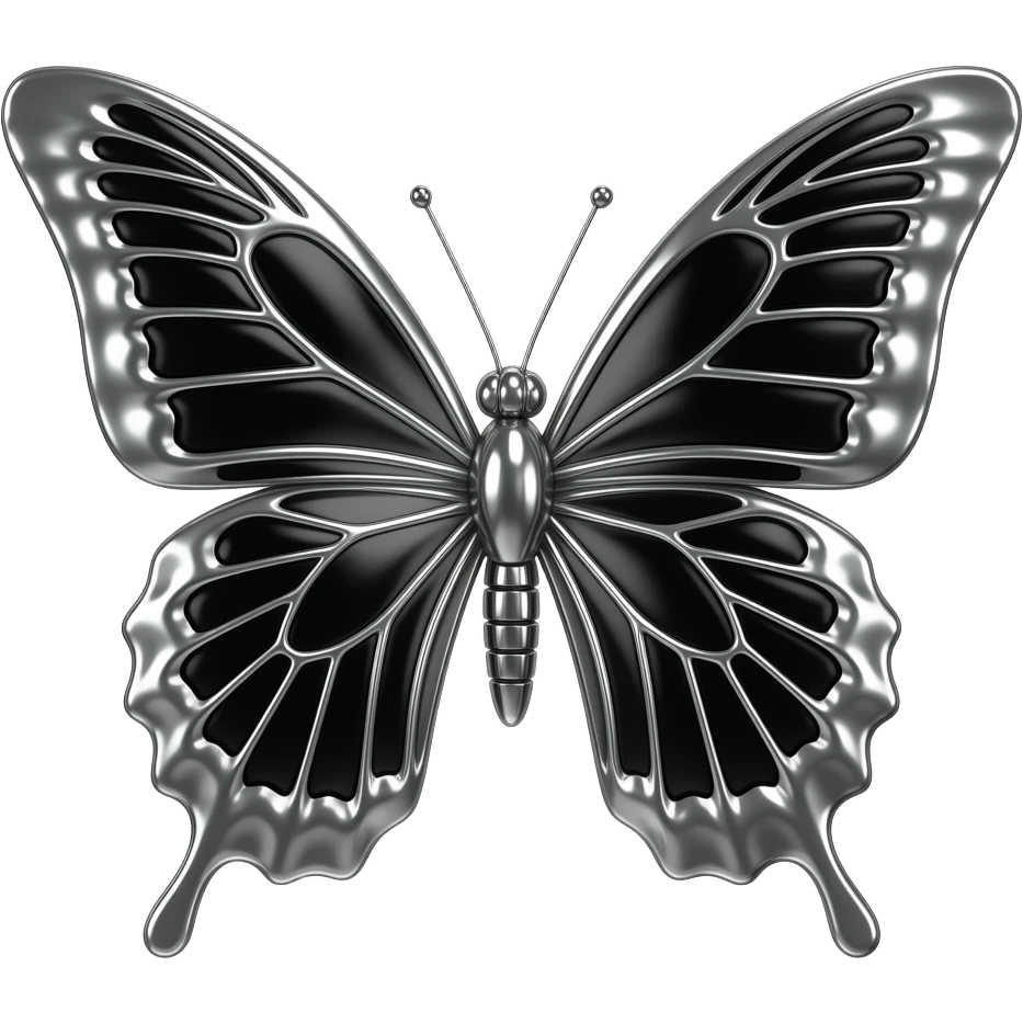 A 3D Y2K-style butterfly made of liquid chrome and polished silver. Sharp, tribal-inspired wing edges with a high-gloss metallic finish and deep black reflections. Minimalist, futuristic, and moody emoji
