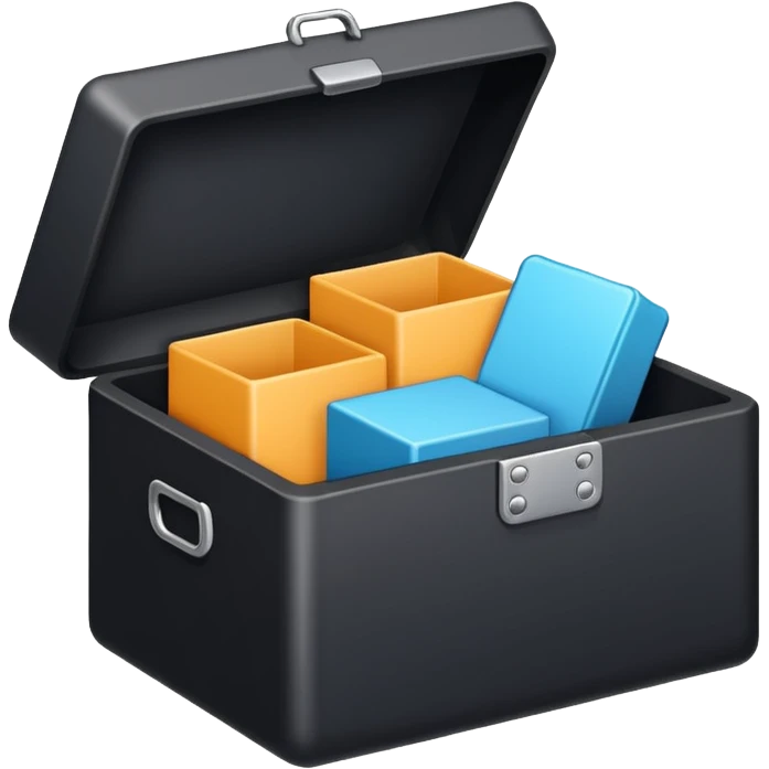 Minimalistic flat vector icon, iOS style, thin black contour on white background. Open box with neatly arranged objects inside. No text, no shadows.
 emoji