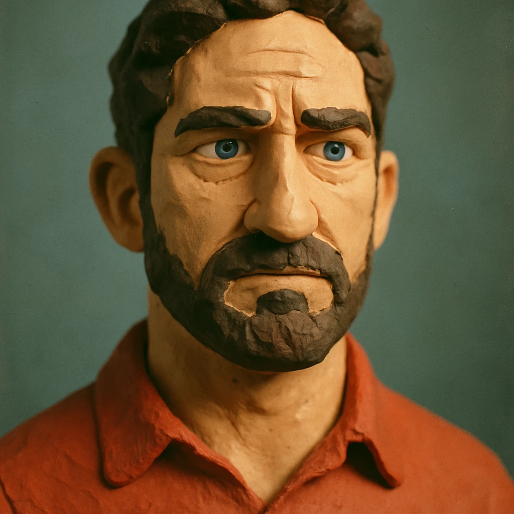 portrait inspired by Gerard Butler, face narrower and forehead slightly larger, claymation style, different lighting emoji